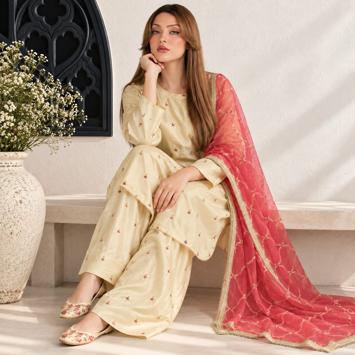 Winter Stitched Kataan Silk 3pc Embroidered Dress - TW 12