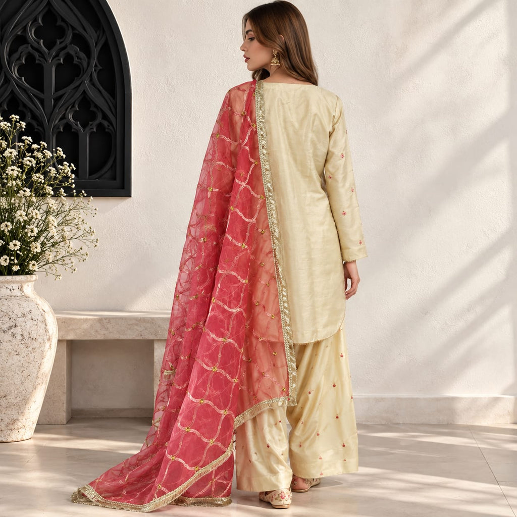 Winter Stitched Kataan Silk 3pc Embroidered Dress - TW 12
