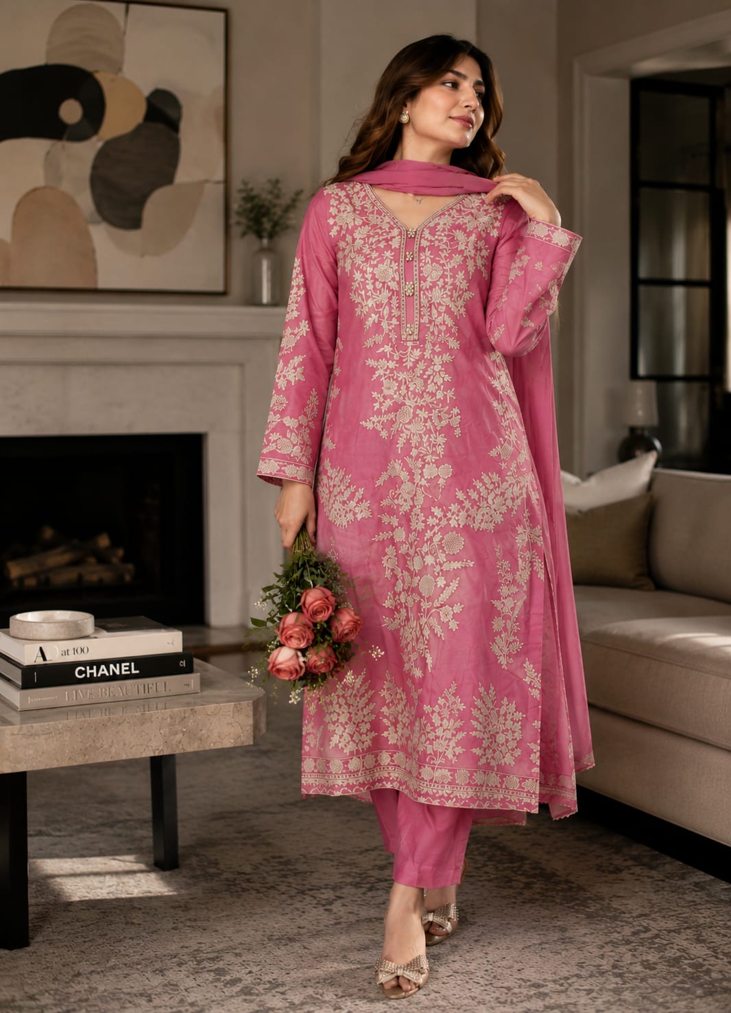 Summer Unstitched 3PCs Embroidered Lawn Dress With Net Dupatta - 484