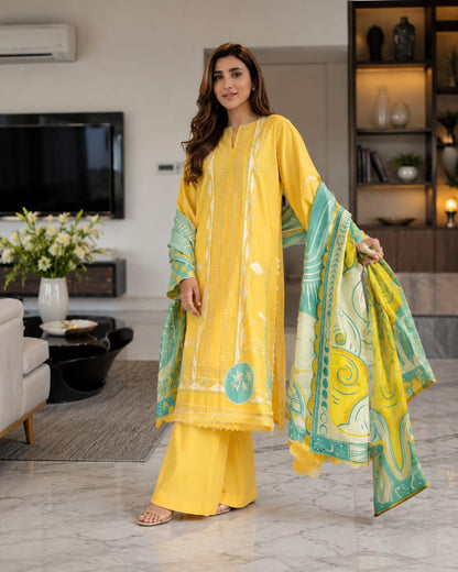 Summer Unstitched 3PCs Embroidered Lawn Dress    - 357