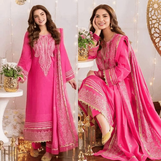 Summer Unstitched 3PCs Embroidered Lawn Dress With Monar Dupatta - 478