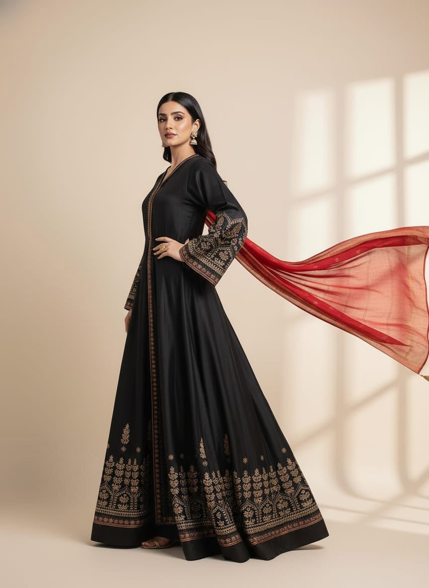 unstiched 3 piece kataan silk frock style embroidered suit - 440