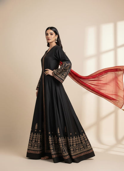 unstiched 3 piece kataan silk frock style embroidered suit - 440