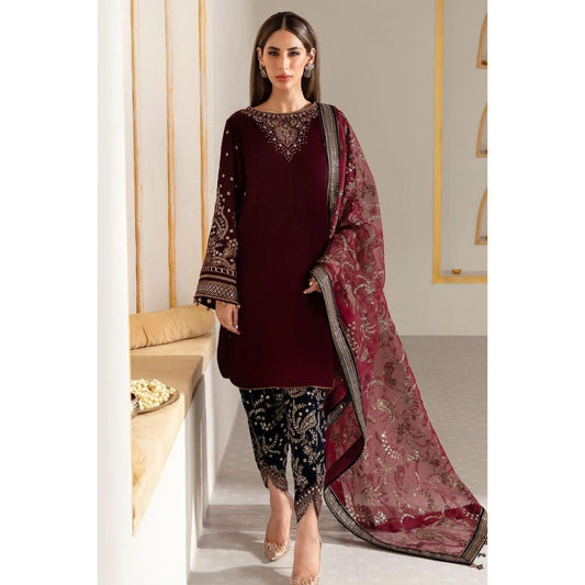 Velvet Unstitched 3 Piece Embroidered Dress -215