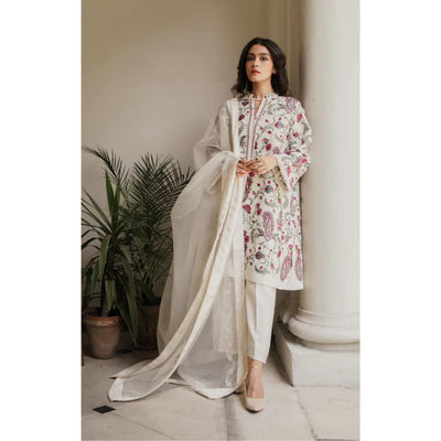 Summer Unstitched 3PCs Embroidered Lawn Dress With Monar Dupatta - 133