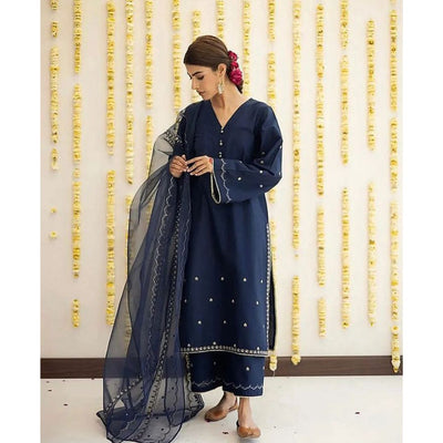 Summer Unstitched 3PCs Embroidered Lawn Dress With Monar Dupatta  -207