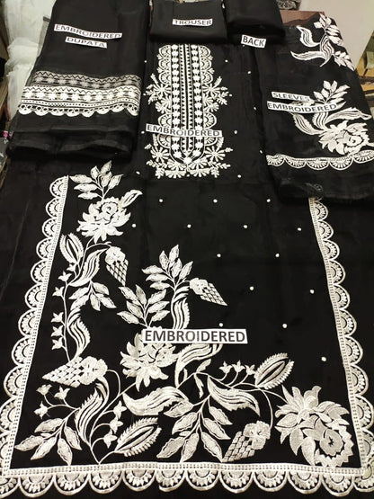 Organza Unstitched 3 Piece Embroidered Dress - 112