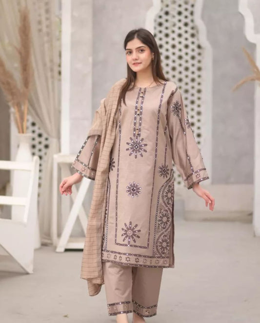 Dhanak Unstitched 3 Piece Embroidered Dress -260