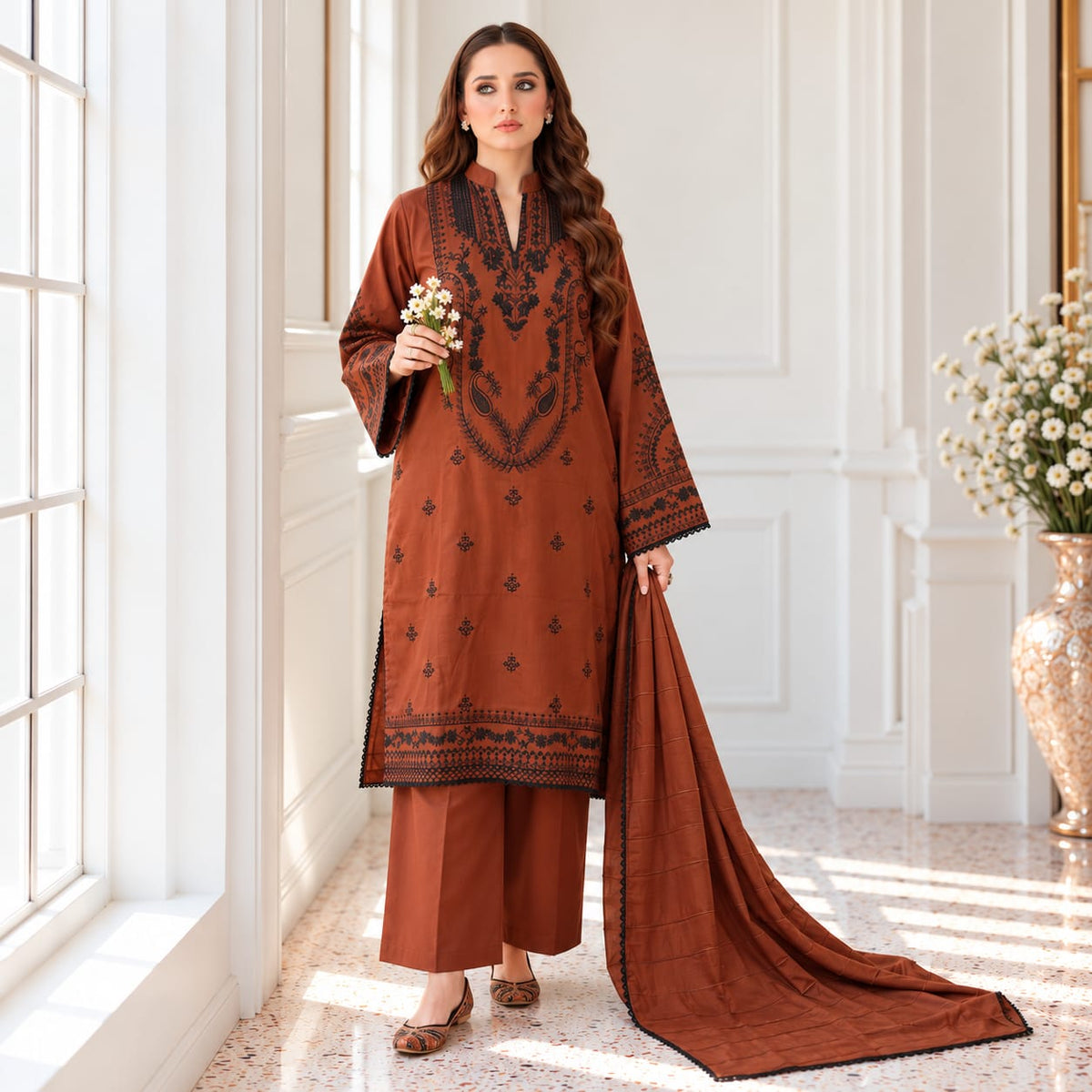 Winter Stitched 3PC Dhanak Embroidered Suit - TW 18