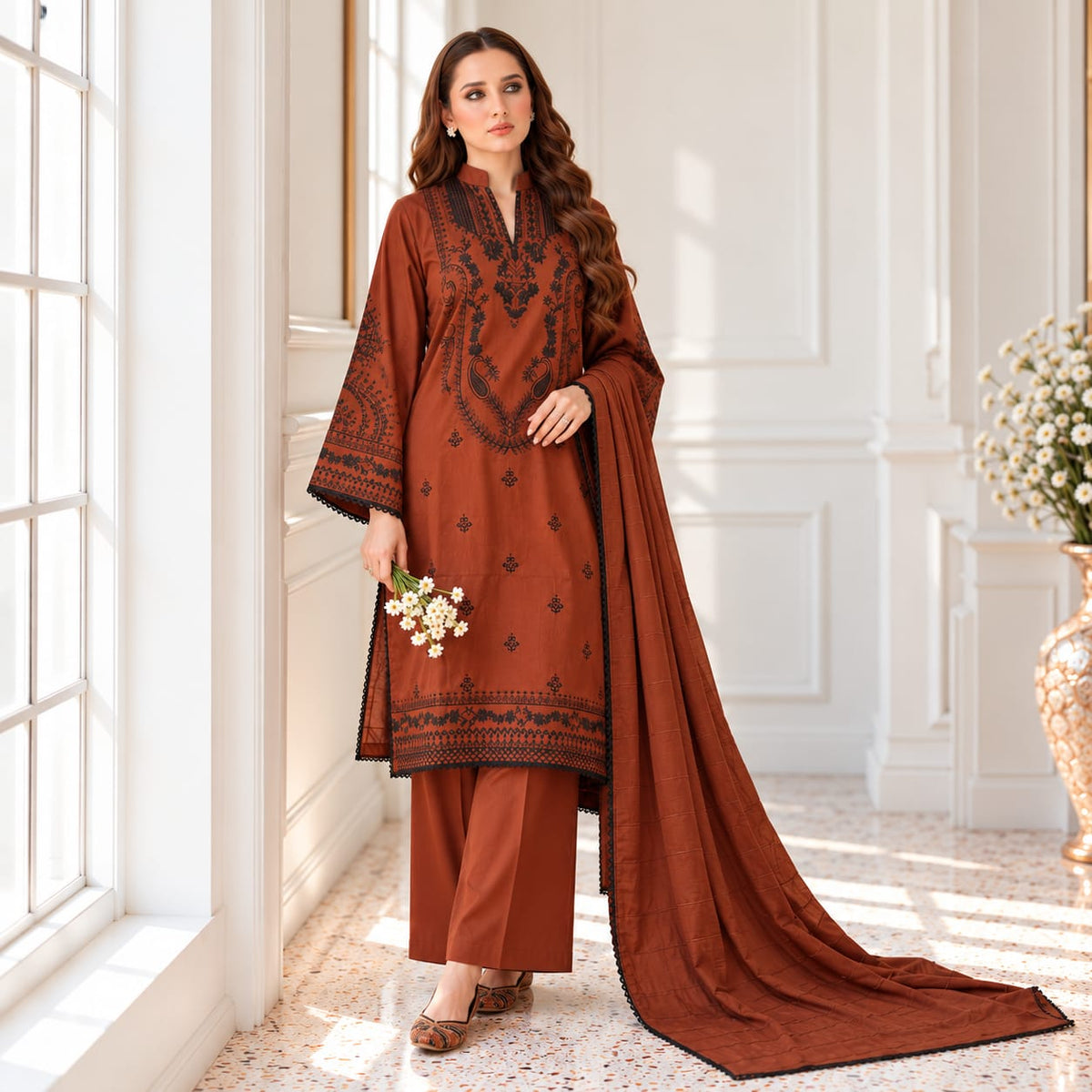 Winter Stitched 3PC Dhanak Embroidered Suit - TW 18