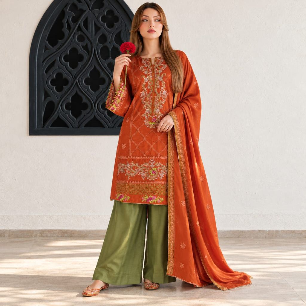 Winter Stitched 3PC Dhanak Embroidered Suit - TW 31