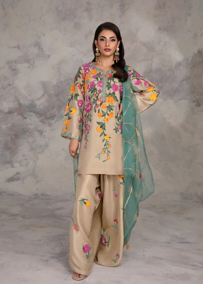 Summer Unstitched 3PCs Embroidered Lawn Dress With Polyester Chiffon Dupatta   - 377