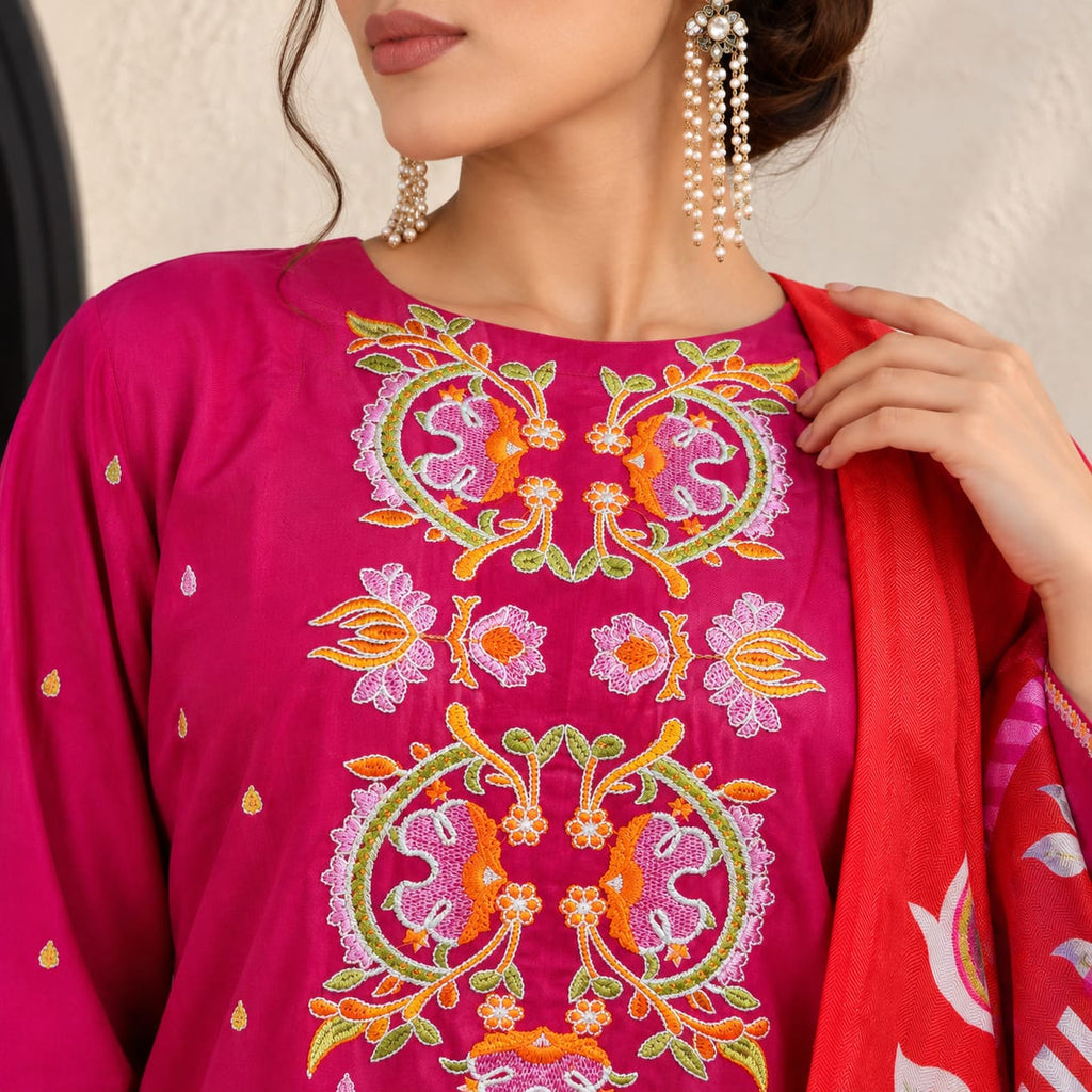 Winter Stitched Dhanak 3 Piece Embroidered Dress - TW 17