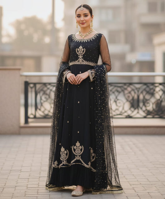 Organza 3 Piece Embroidered Frock - 317