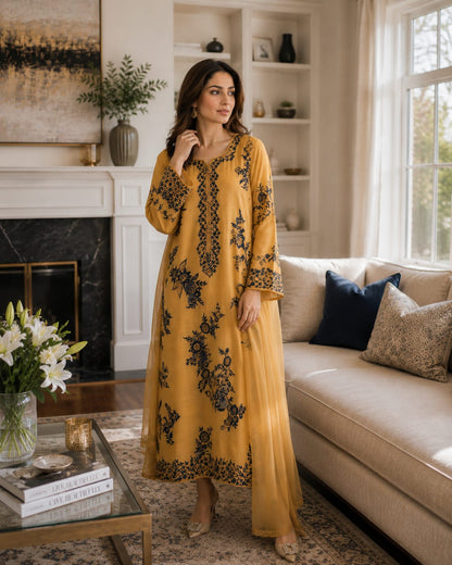 Summer Unstitched 3PCs Embroidered Lawn Dress With Net Dupatta - 488