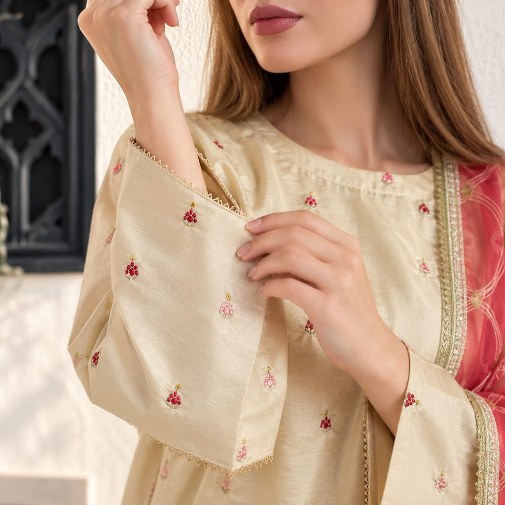 Winter Stitched Kataan Silk 3pc Embroidered Dress - TW 12