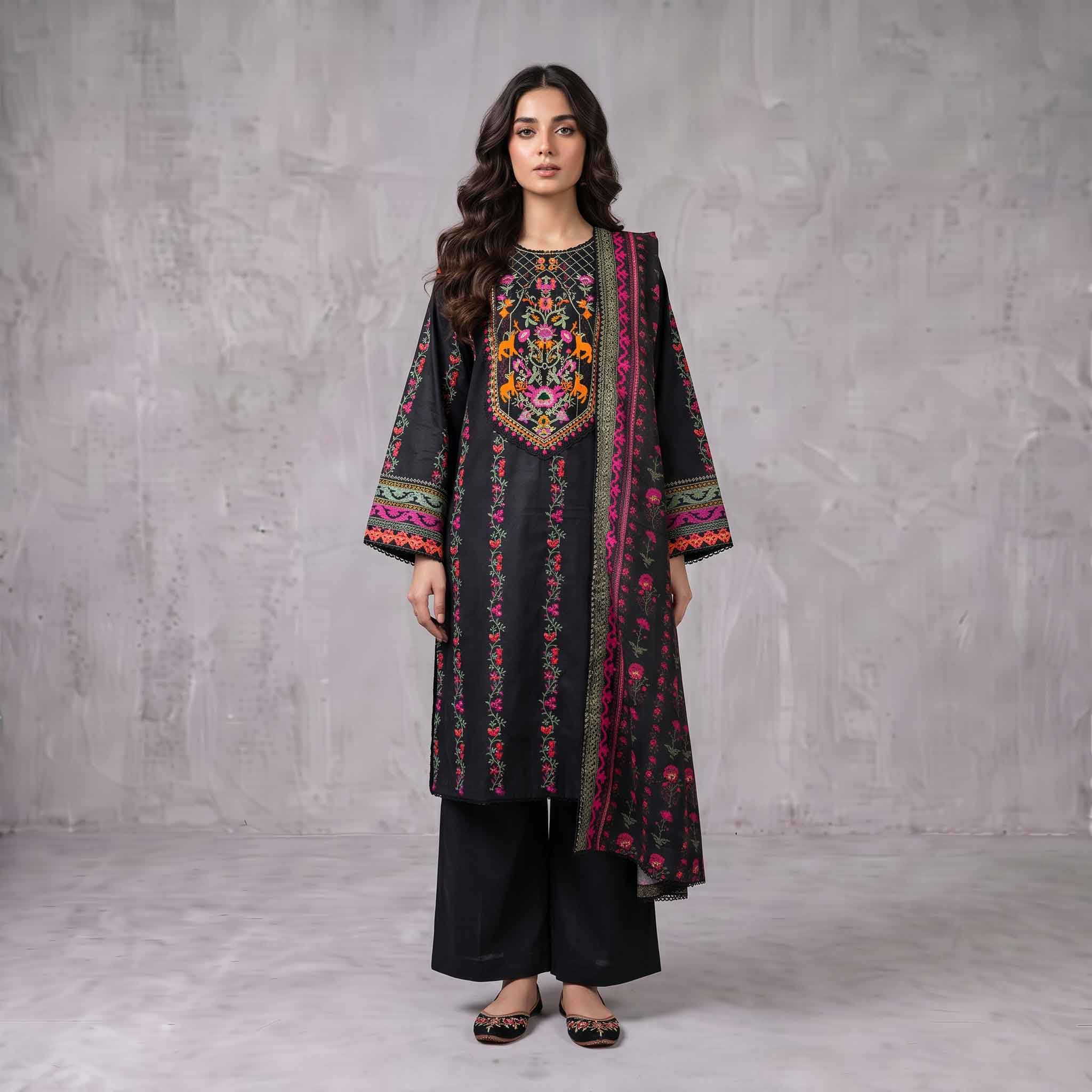 Winter Stitched Khaddar 3 Piece Embroidered Dress -TW 06