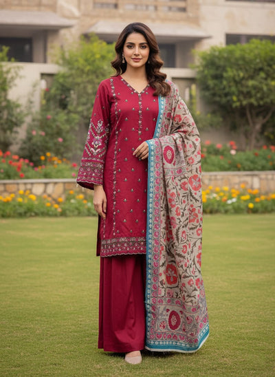 Khaddar 3 Piece Embroidered Dress - 399