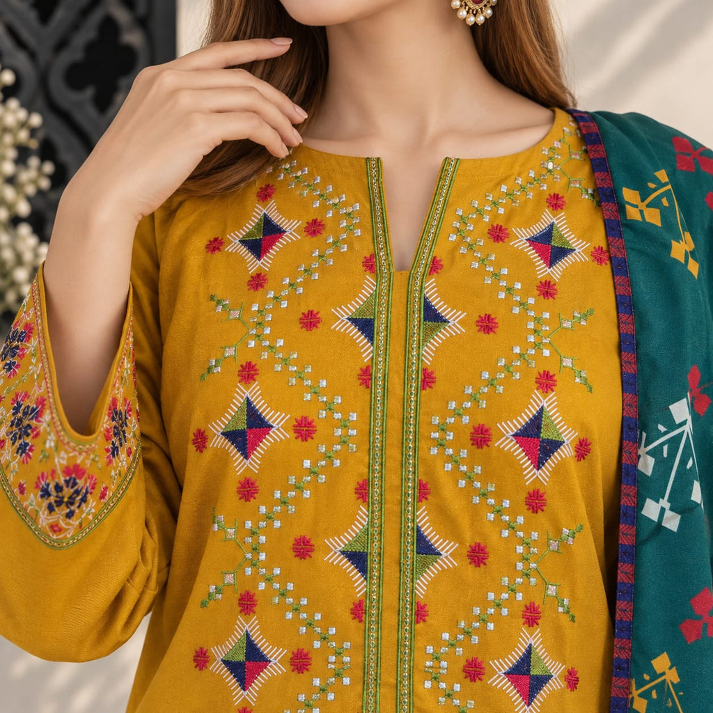 Winter Stitched Dhanak 3 Piece Embroidered Dress - TW 15