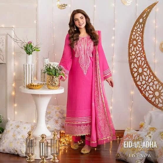 Summer Unstitched 3PCs Embroidered Lawn Dress With Monar Dupatta - 478