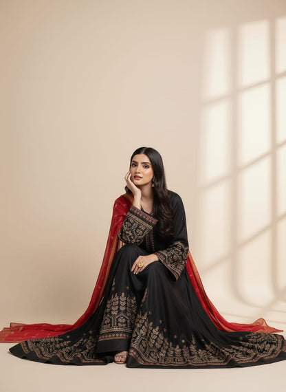 unstiched 3 piece kataan silk frock style embroidered suit - 440