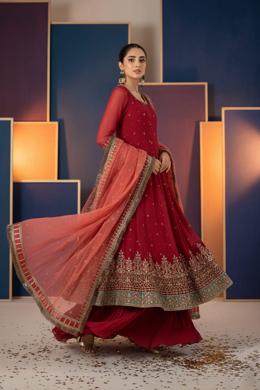 Organza 3 Piece Embroidered Frock - 222