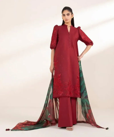 Summer Unstitched 3PCs Embroidered Lawn Dress With Manaar Dupatta   - 372