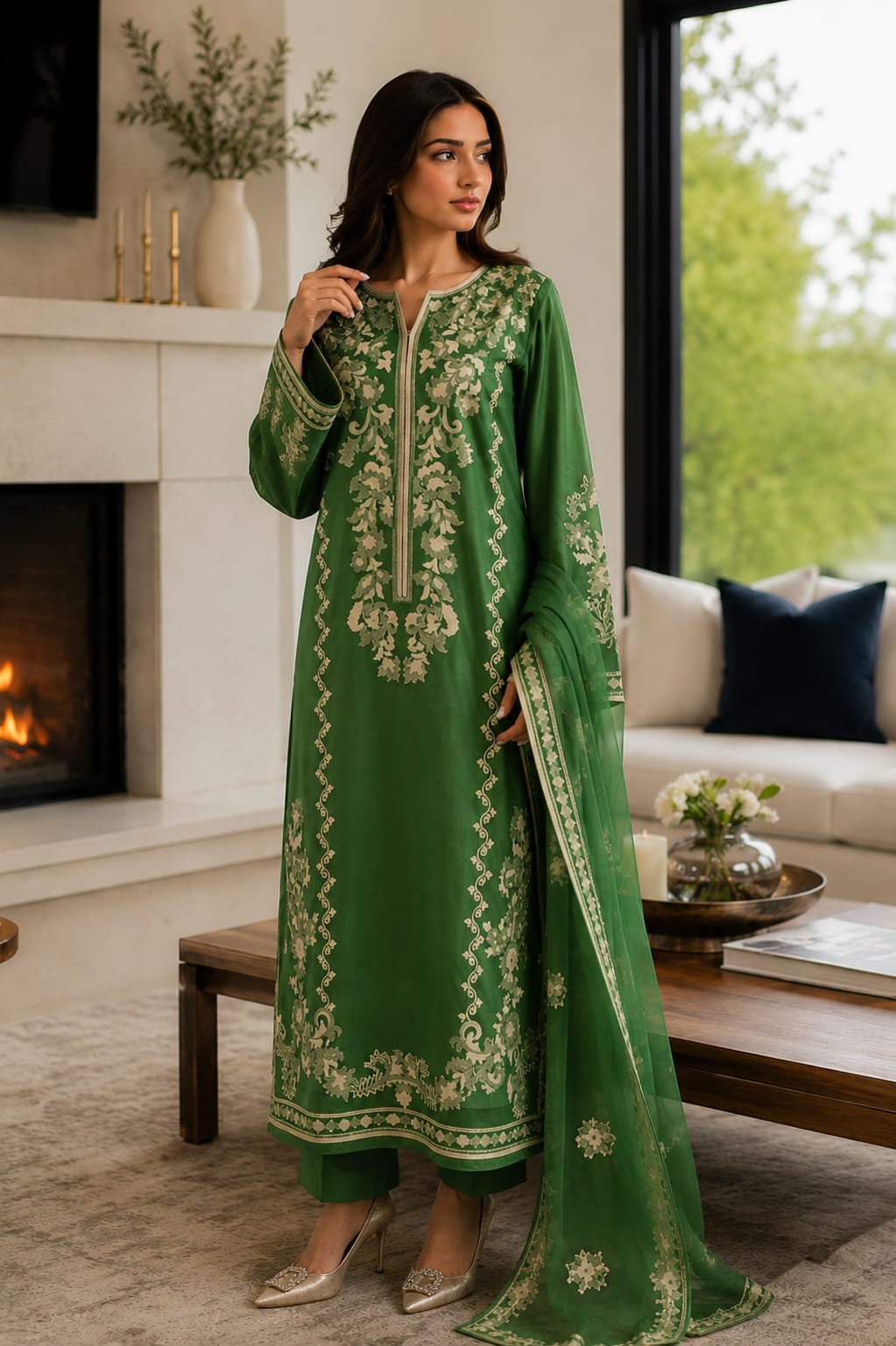 Summer Unstitched 3PCs Embroidered Lawn Dress With Net Dupatta - 486