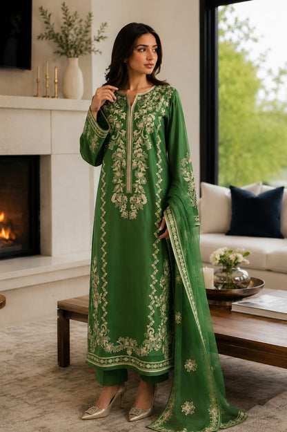 Summer Unstitched 3PCs Embroidered Lawn Dress With Net Dupatta - 486