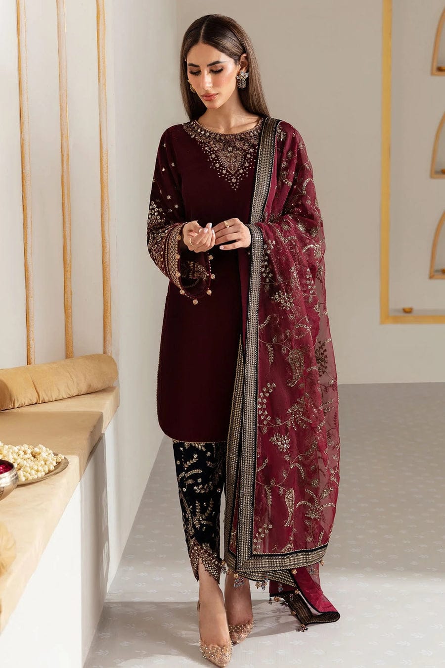 Velvet 3 Piece Embroidered Dress -215