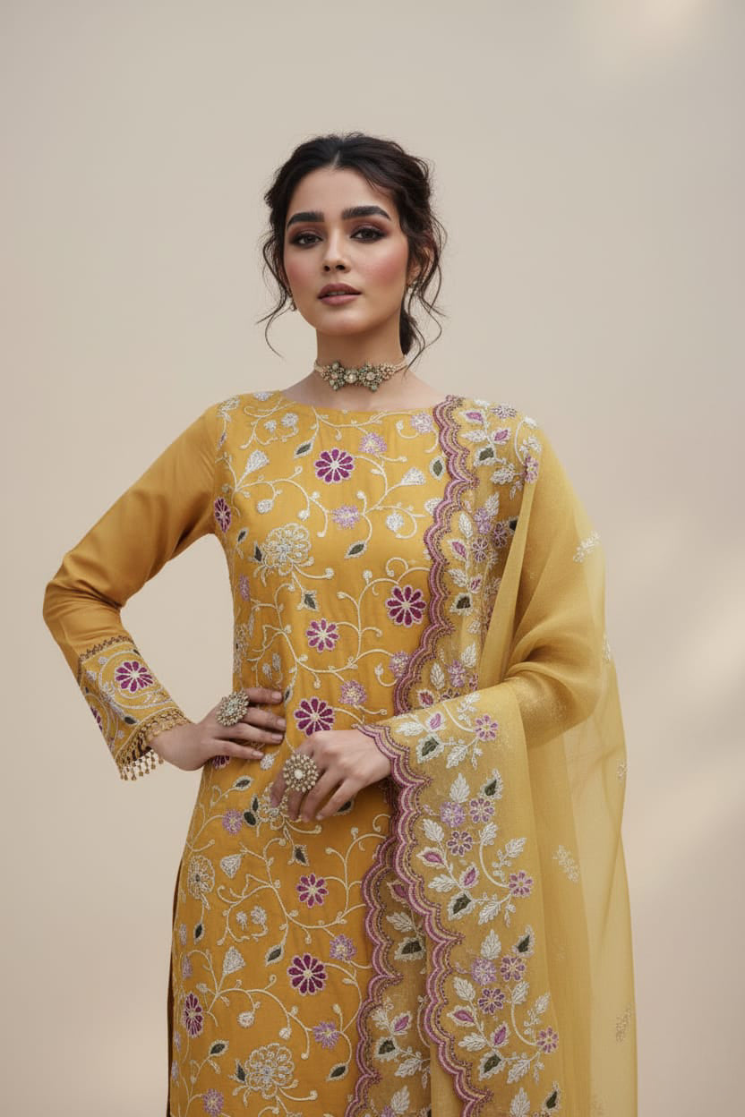 Summer Unstitched 3PCs Embroidered Lawn Dress With Manaar Dupatta   - 349
