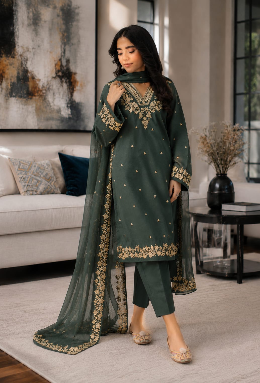 Summer Unstitched 3PCs Sequin  Embroidered Lawn Dress With Net Dupatta - 487