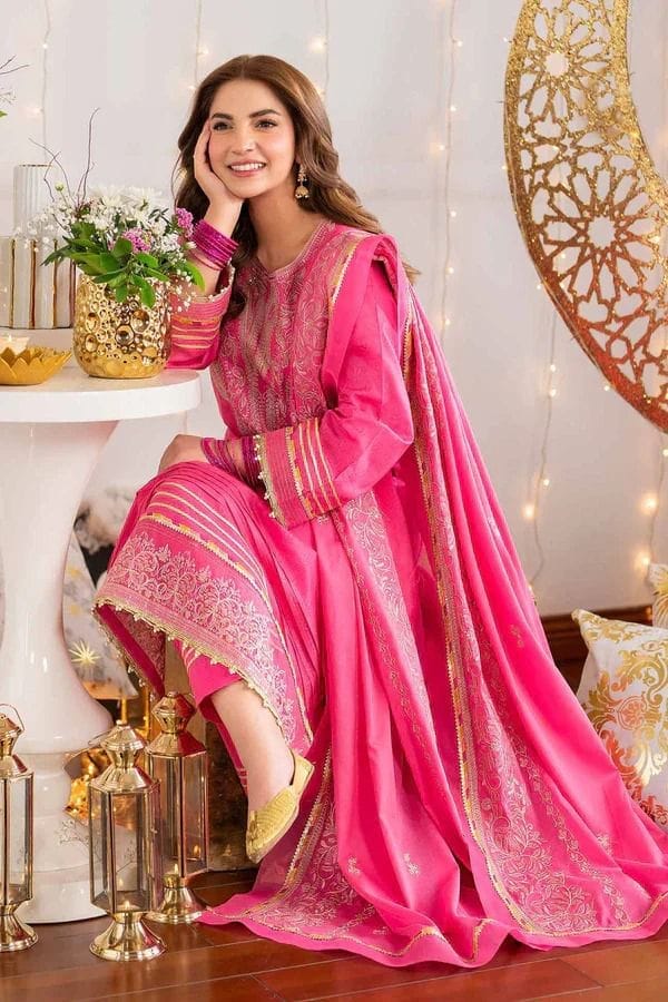 Summer Unstitched 3PCs Embroidered Lawn Dress With Monar Dupatta - 478