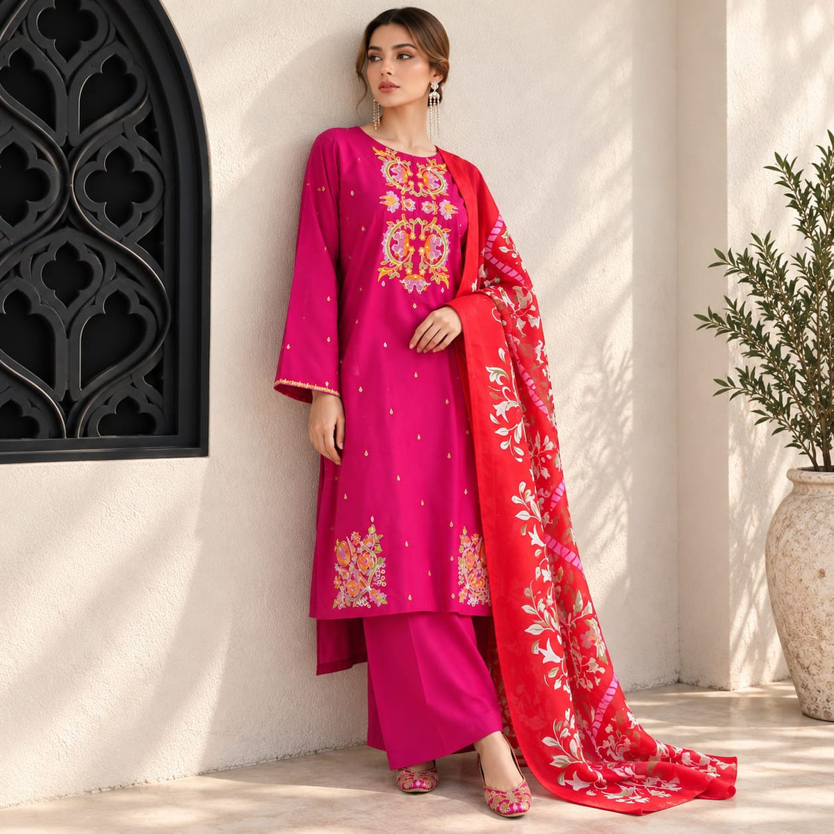 Winter Stitched Dhanak 3 Piece Embroidered Dress - TW 17