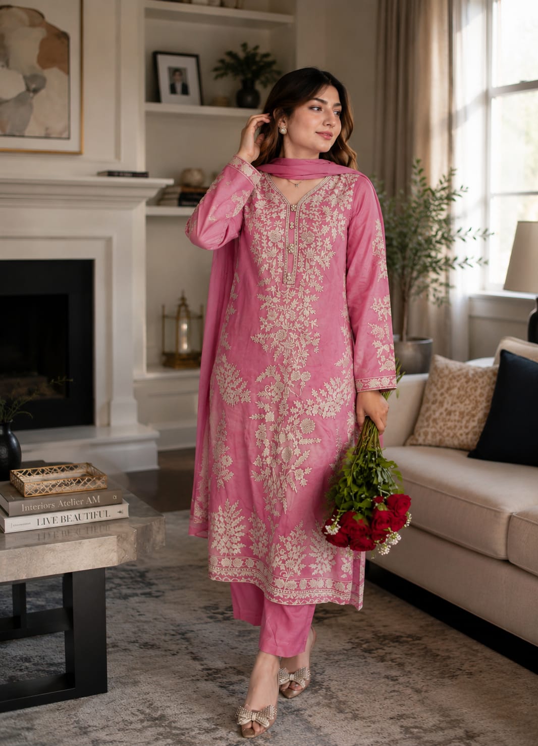 Summer Unstitched 3PCs Embroidered Lawn Dress With Net Dupatta - 484