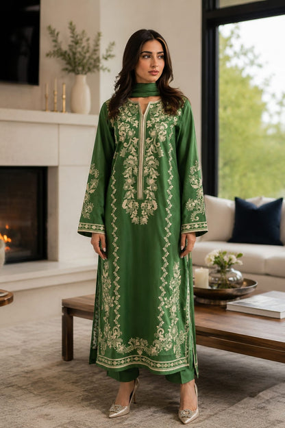Summer Unstitched 3PCs Embroidered Lawn Dress With Net Dupatta - 486