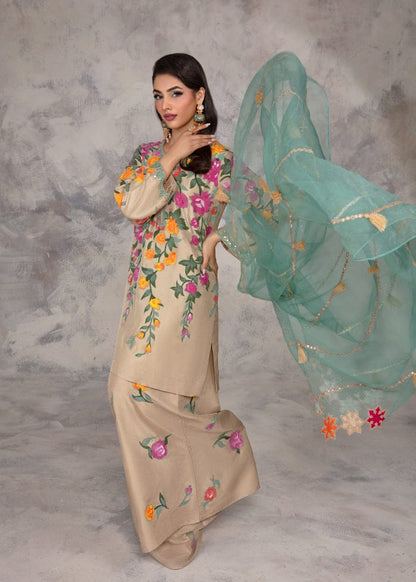 Summer Unstitched 3PCs Embroidered Lawn Dress With Polyester Chiffon Dupatta   - 377