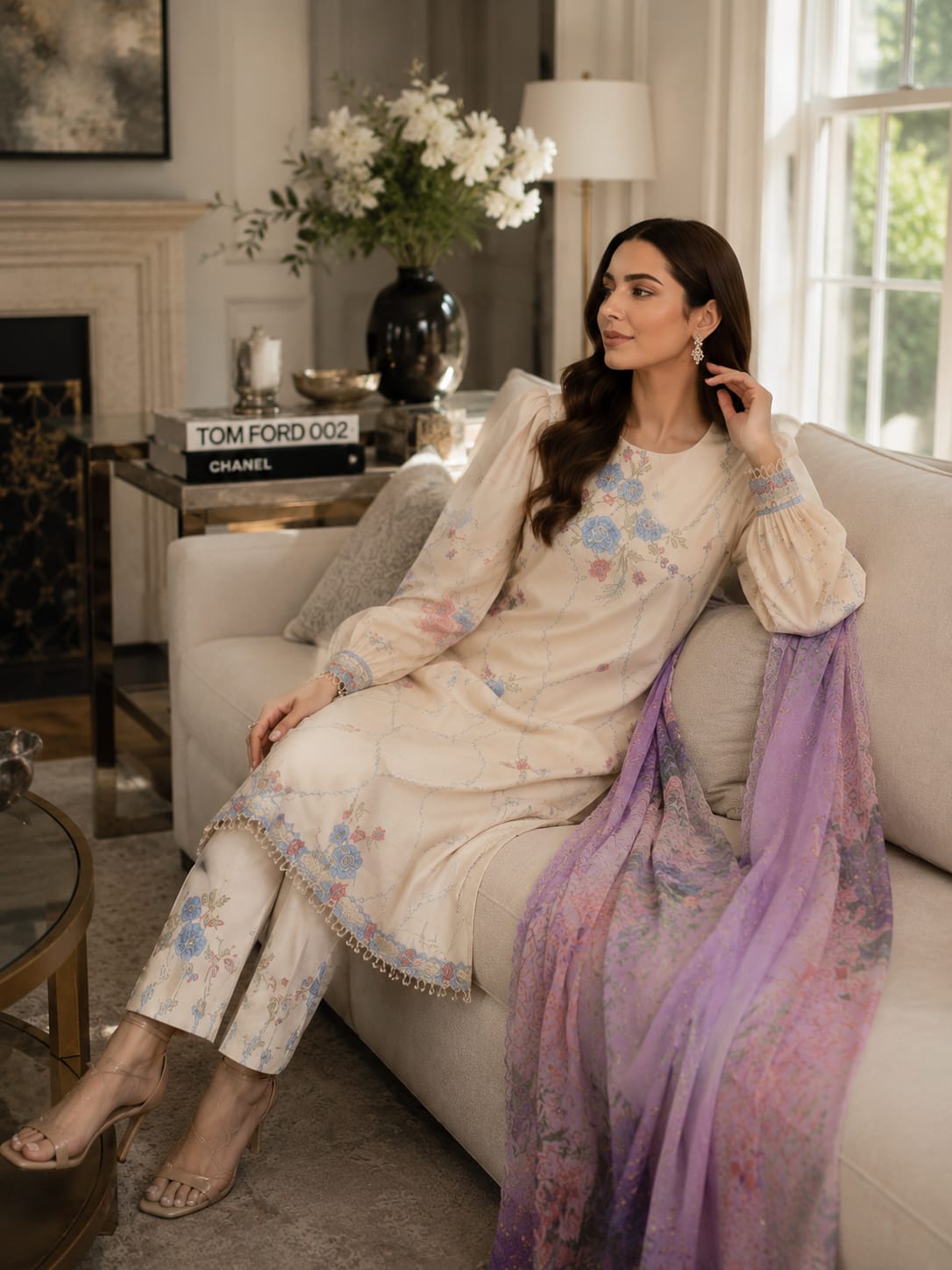 Summer Unstitched 3PCs Embroidered Lawn Dress With Monar Dupatta  -196