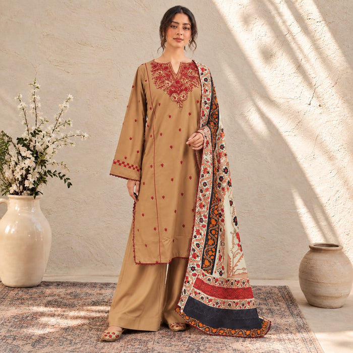 Winter Stitched 3PC Dhanak Embroidered Suit - TW 11