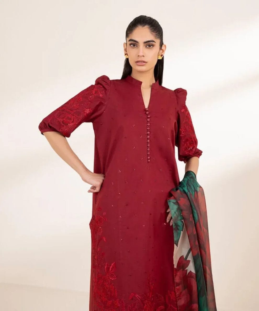 Summer Unstitched 3PCs Embroidered Lawn Dress With Manaar Dupatta   - 372