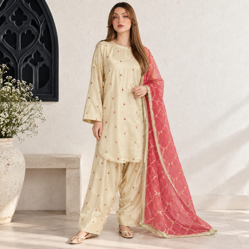 Winter Stitched Kataan Silk 3pc Embroidered Dress - TW 12