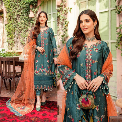 Summer Unstitched 3PCs Embroidered Lawn Dress With Polyester Chiffon Dupatta   -353