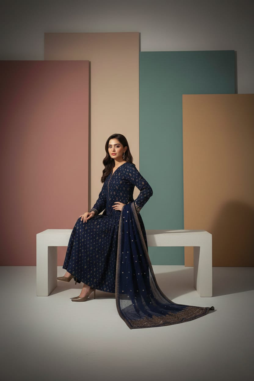 Poly Viscose 3PC Embroidered Frock - 115
