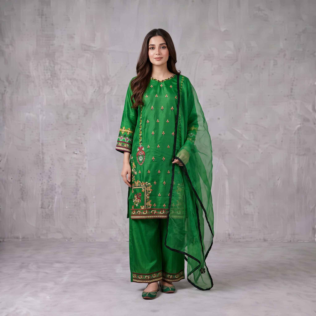 Winter Stitched Kataan Silk 3 Piece Embroidered - TW 19