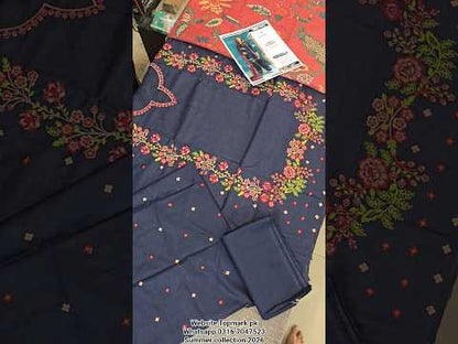 Summer Unstitched 3PCs Embroidered Lawn Dress With Manaar Dupatta   - 358