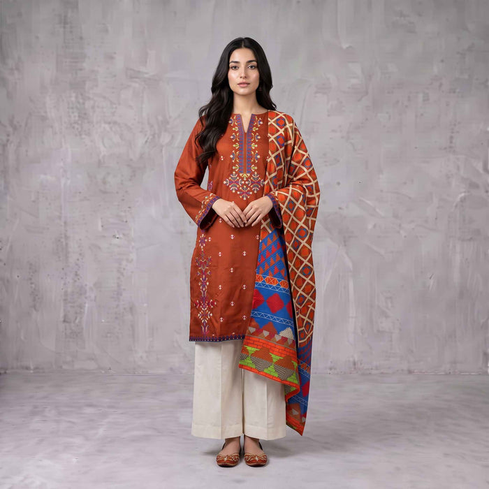 Winter Stitched 3PC Dhanak Embroidered Suit - TW 16